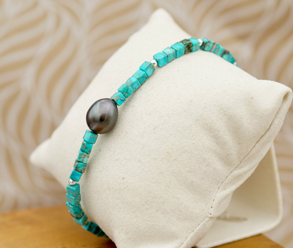 Mokai perle de Tahiti de 9.8mm et pierres turquoises